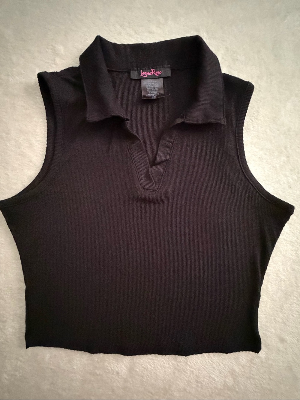 Lorena Rose Black Ribbed Sleeveless Cropped Polo V Neck Tank